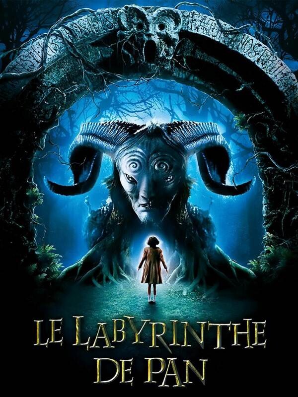 Jaquette du film, où l'on voit l'héroïne devant un faune à l'entrée du labyrinthe.