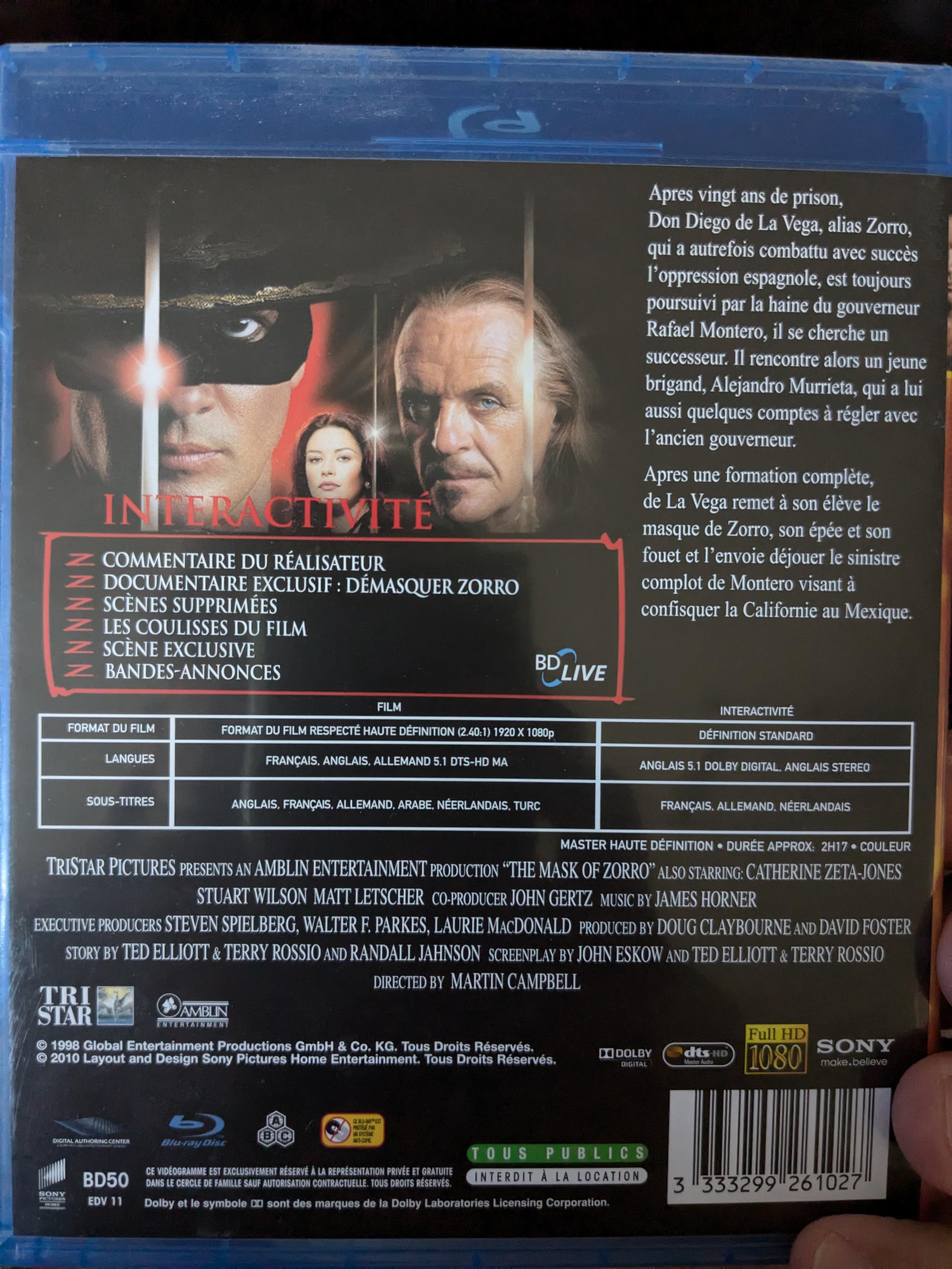 l'arrière de la jaquette avec les visages de Antonio Banderas, Catherine Zeta-Jones et Anthony Hopkins