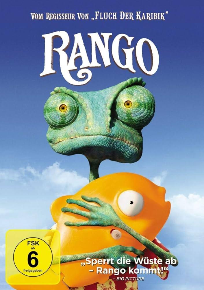 affiche du film Rango où l'on voit le caméléon héros du film tenant un poisson de bain sur fond de ciel bleu avec un fond de nuages
