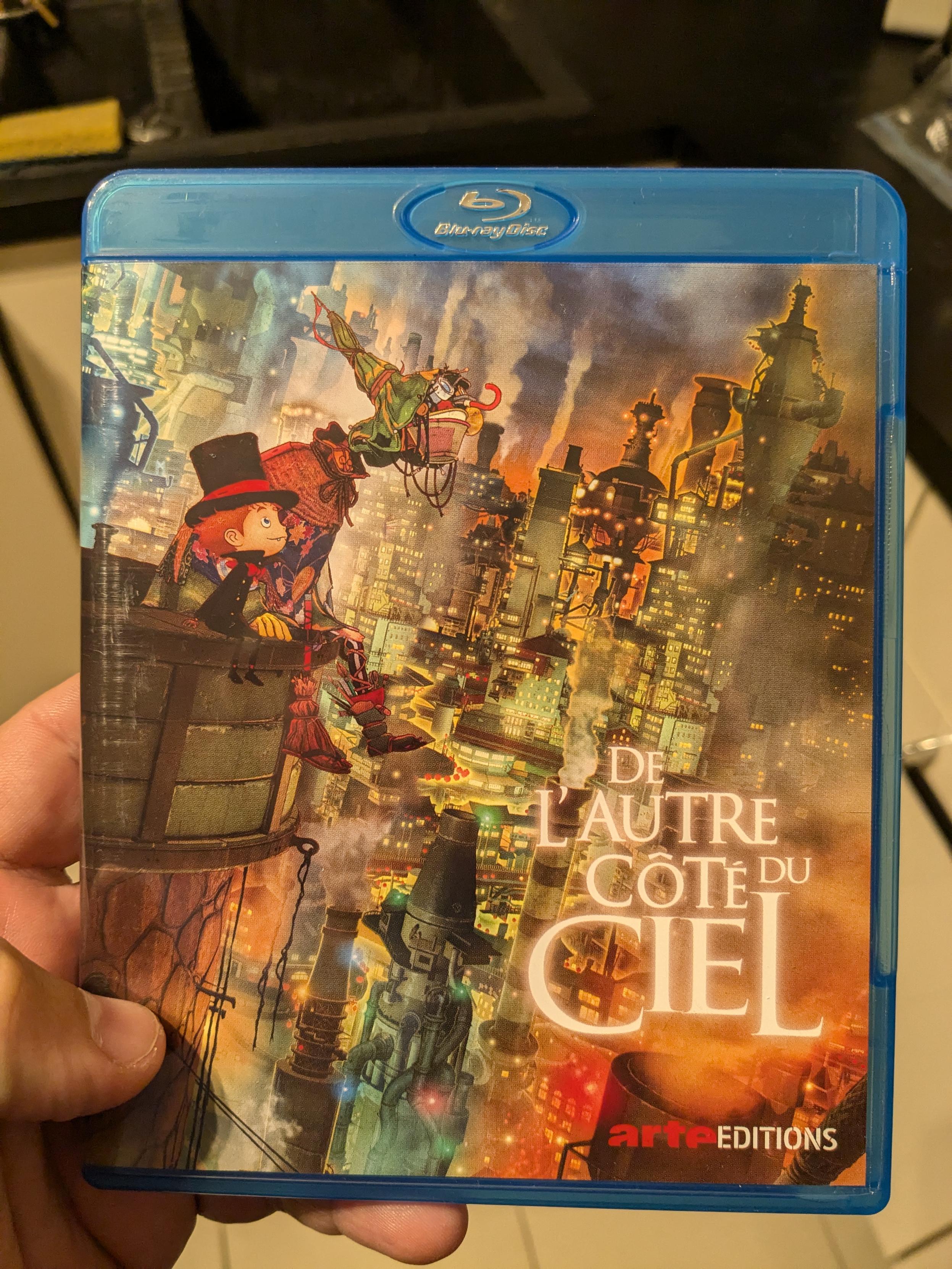 Pochette du film où on voit le petit héros et son ami Poupelle sur une cheminée avec une ville industrielle dans le fond