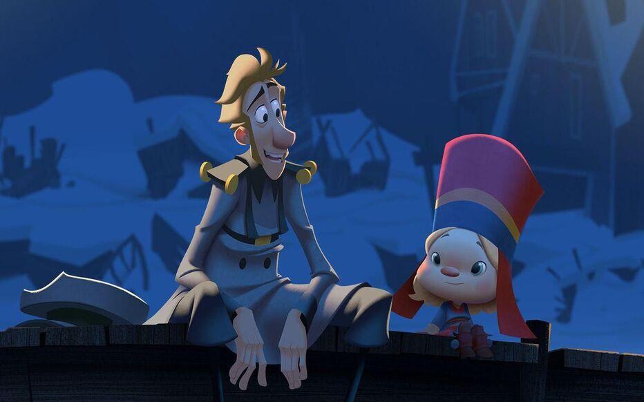 Un dialogue avec deux personnages qui se comprennent malgré la barrière de la langue sur un fond enneigé