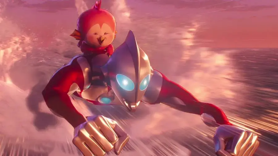 Ultraman qui vole à la surface de l'eau avec le bébé Kaiju sur le dos.