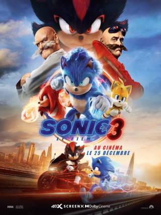 Affiche du film où l'on voit Sonic, Knuckles, Tails, Shadow et deux Eggman l'un étant plus vieux