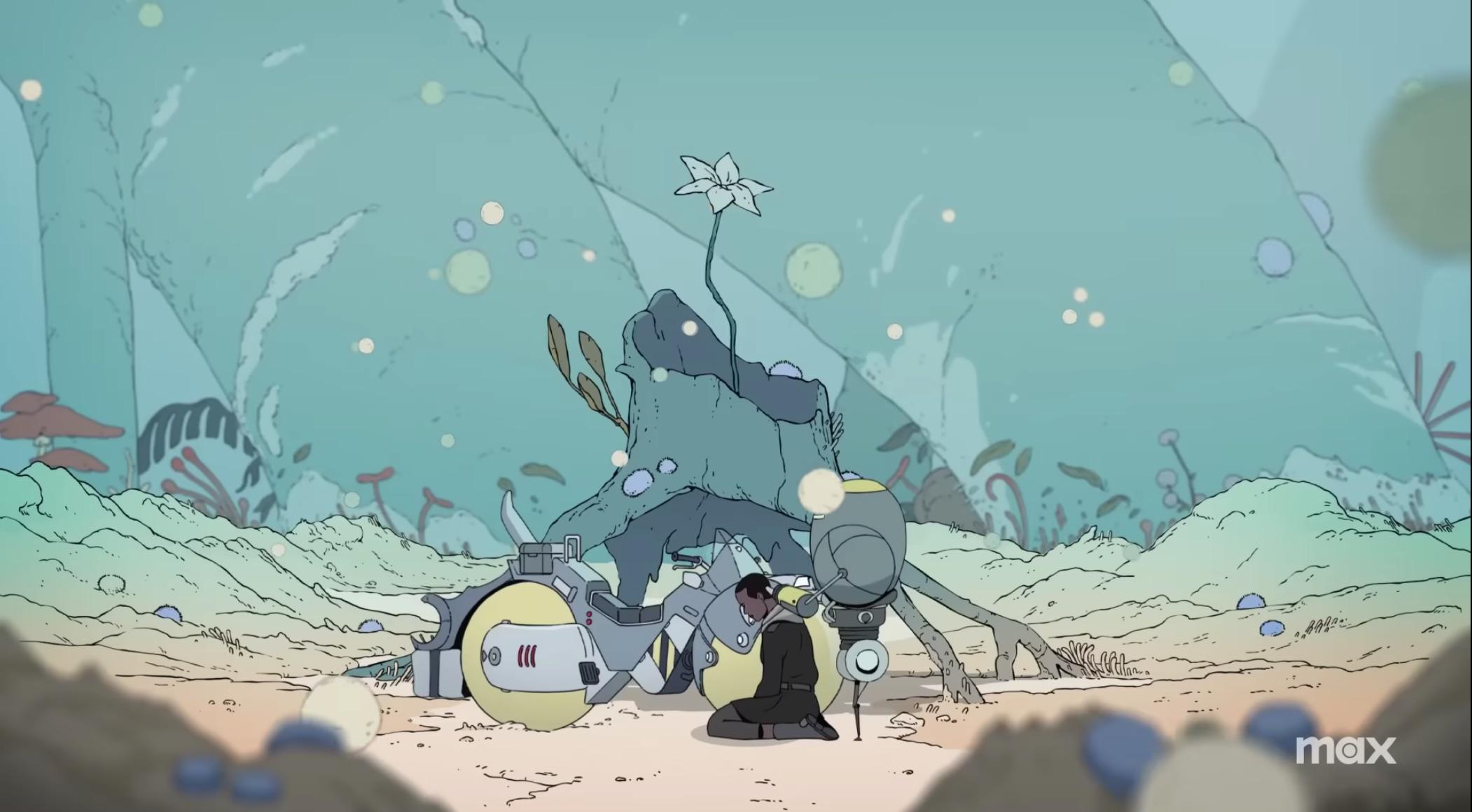 une survivante qui se fait tailler les cheveux par son robot à coté de sa moto avec des roues en forme de boules