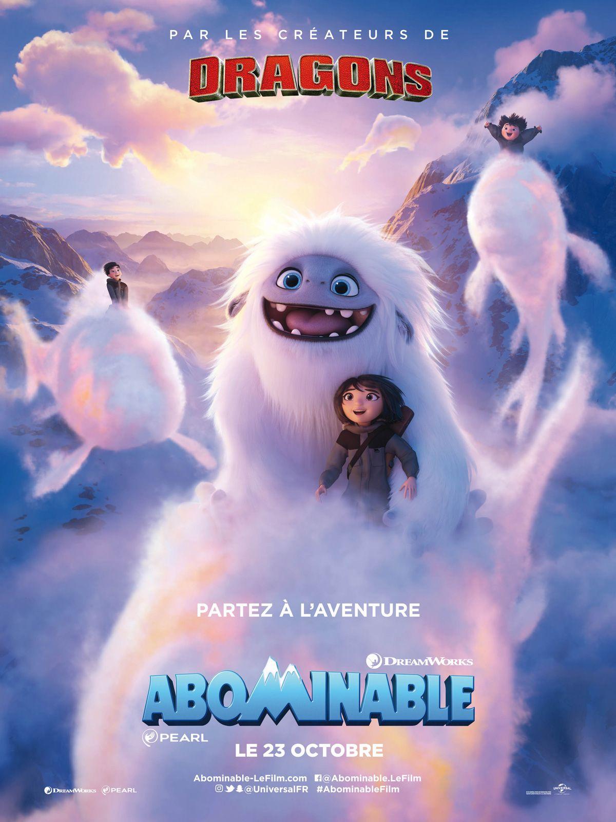 affiche du film avec Yi et son Yeti sur un nuage blanc en forme de carpe..suivis par deux autres carpes nuage où se trouvent ses deux amis de par et d'autres. On voit un soleil couchant dans le fond