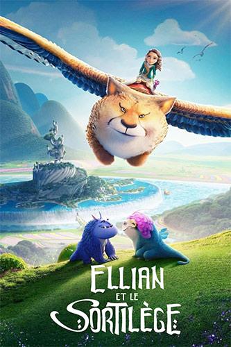 affiche du film avec deux monstres en arrière plan et l'héroïne en vol sur un chat hibou