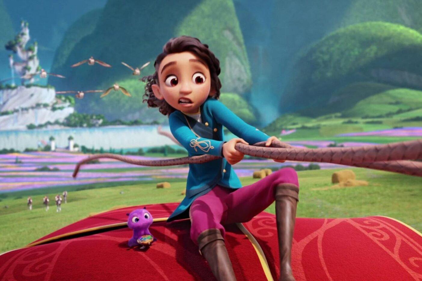 l'héroïne qui s'agrippe à des longes avec un air supris