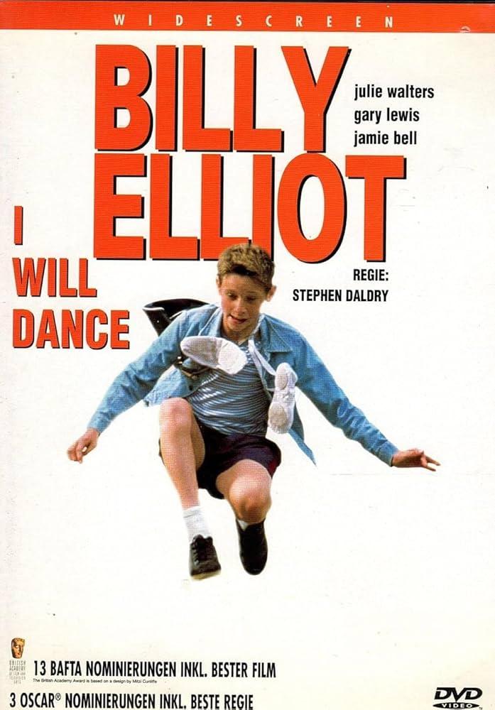 on voit billy les chaussures de dance au cou, en plein saut sur fond blanc et titre rouge.
