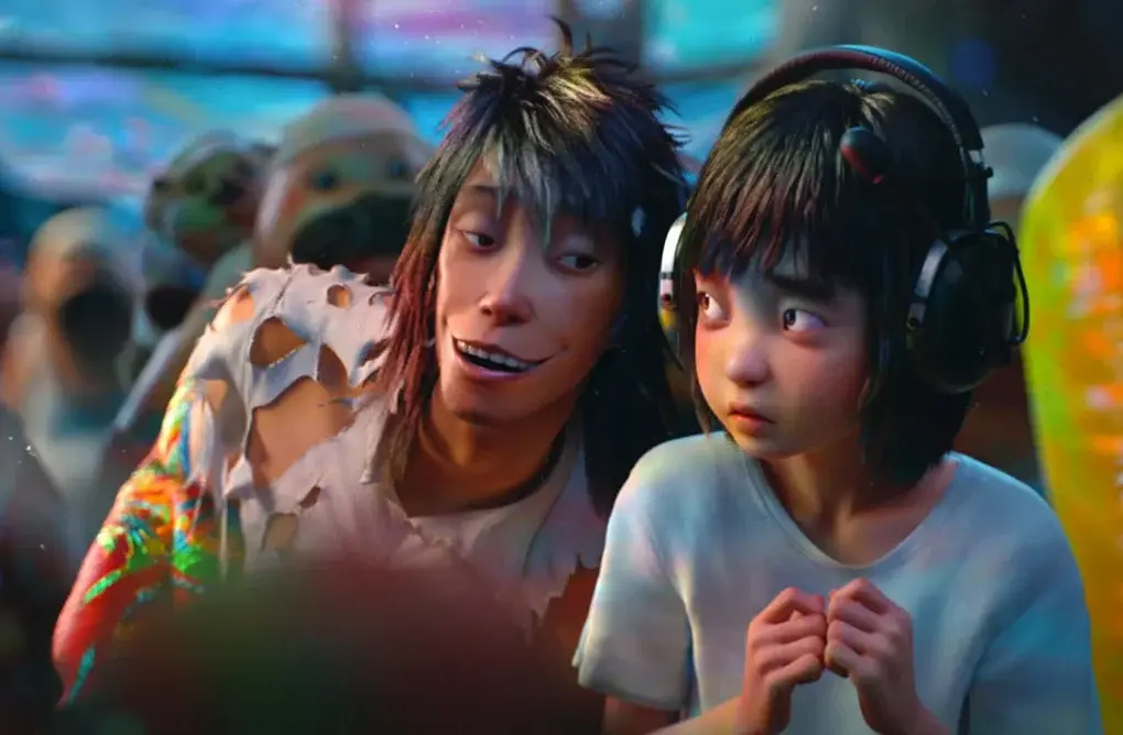 nos deux héros au calme, la petite Shenxiu ayant un casque audio sur la tête pour retrouver la chanson de sa maman